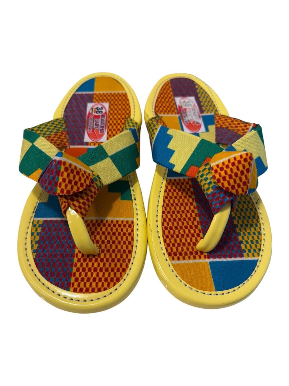 African Kente Print Flip Flop Sandals Women’s 38/7.5-8 Bow Thong Slides NEW
